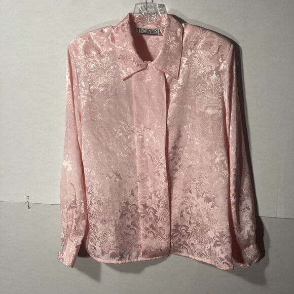 Le Caviar Tops - LE CAVIAR pink floral jacquard satin long sleeve collared button up top 6